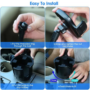 Step-by-step installation guide for the car cup holder phone mount, showcasing its easy setup process.