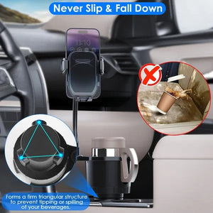 Car cup holder phone mount with adjustable grip preventing spills and ensuring stability for beverages.