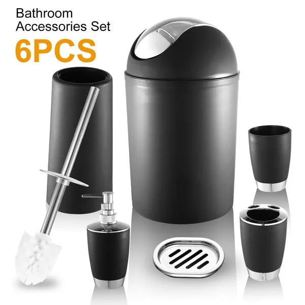 Bathroom Accessories Set with trash can, toilet brush, and additional essentials, stylish and functional 6-piece set.