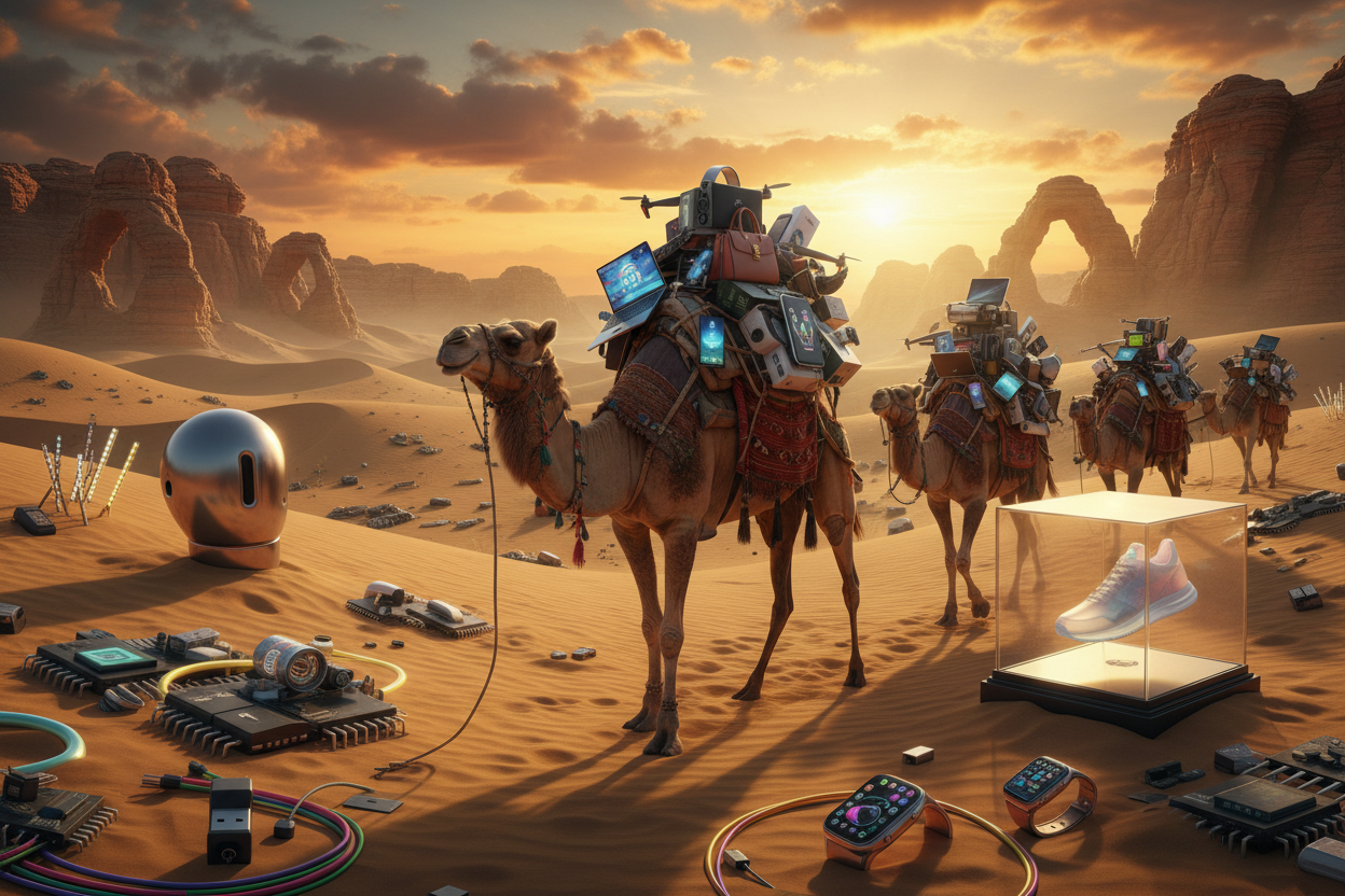 could you mak an emage realted to my shop name which is camel crowd products. I wanna show camels related to products bringing on their backs in a desert and the desert will be fill of products as well. the products will be modern products and the camels and the desert will be like the old eras