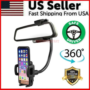 Car rearview mirror phone mount holding smartphone