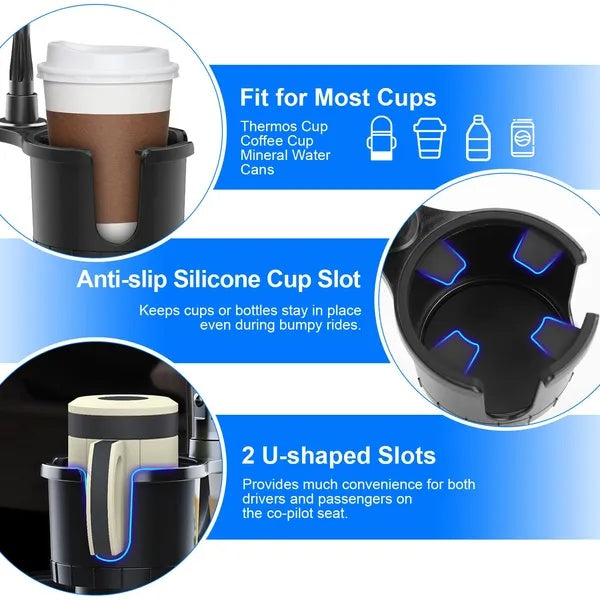 Car cup holder phone mount features an anti-slip silicone cup slot and fits most drink sizes for hands-free convenience.