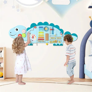 Dinosaur Activity Wall – Close-up of interactive gears and locks