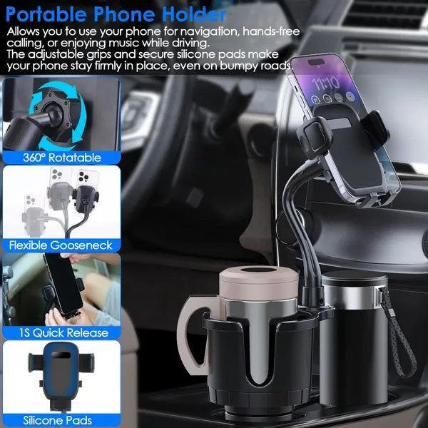 Car Cup Holder Phone Mount – 2-in-1 automotive drink holder with adjustable 360° rotatable design for hands-free use.