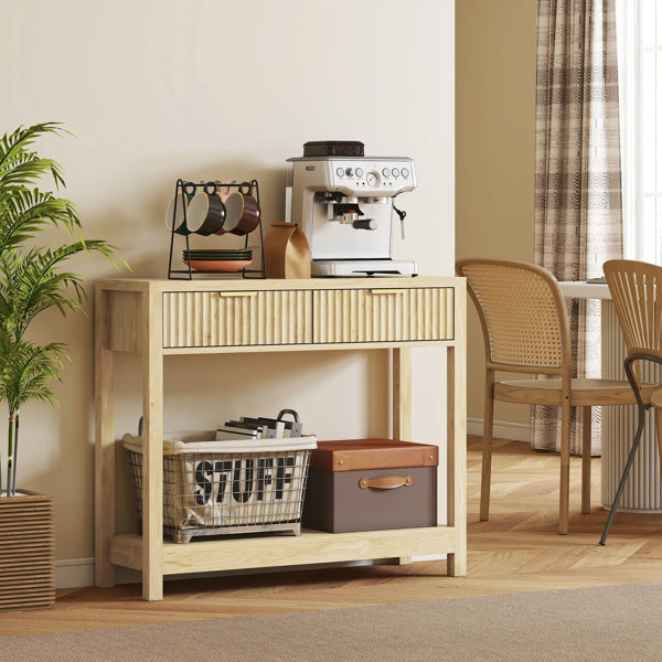 console table, front view showing drawers and shelves
