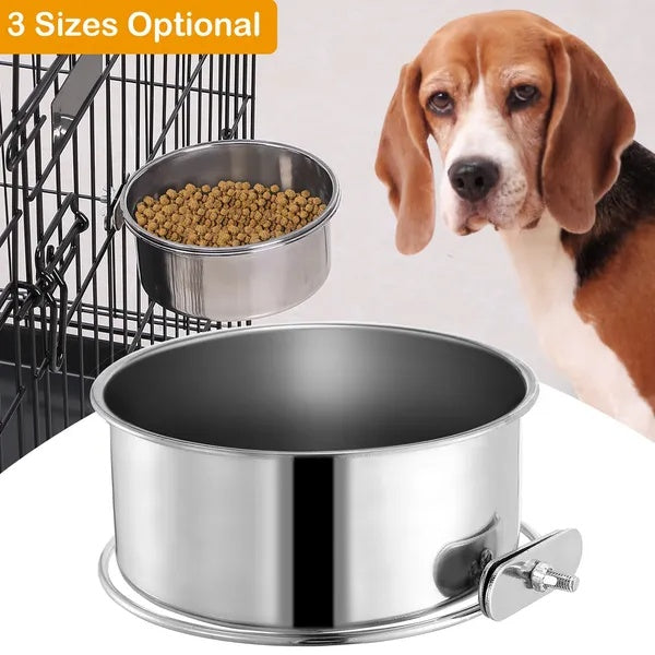 Pet cage food water bowl with stainless steel design and clamp holder, suitable for dogs and small animals.