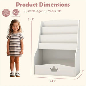 Kids 3-Tier Bookshelf – Front view of white toy storage shelf