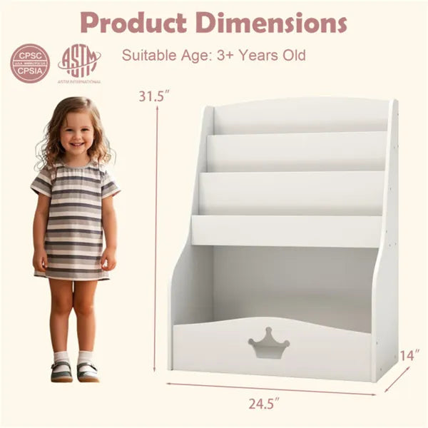 Kids 3-Tier Bookshelf – Front view of white toy storage shelf