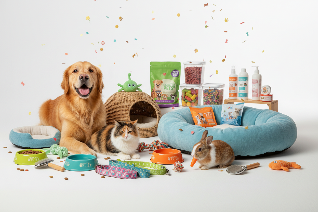 A picture that show pets with their tools and accessories and prodcuts