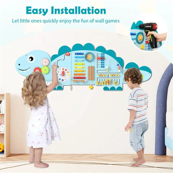 Dinosaur Activity Wall – Buttons, laces, and spinning wheels for kids