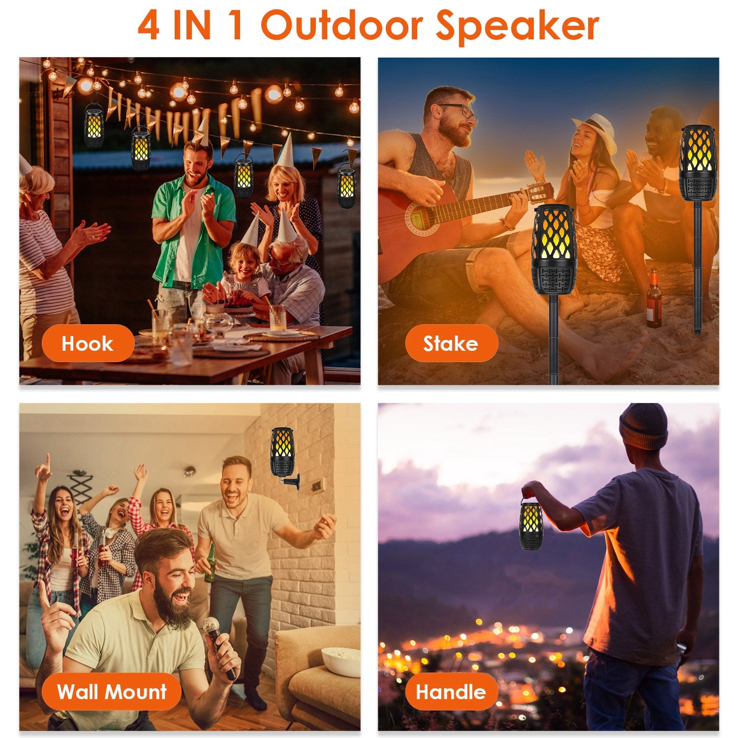 4-in-1 wireless outdoor speaker with flame lights